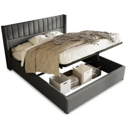 Gutent Lit rembourré hydraulique lit coffre lit 160x200 cm lit de rangement lit en métal lit cadre à lattes en bois lit double lin gris