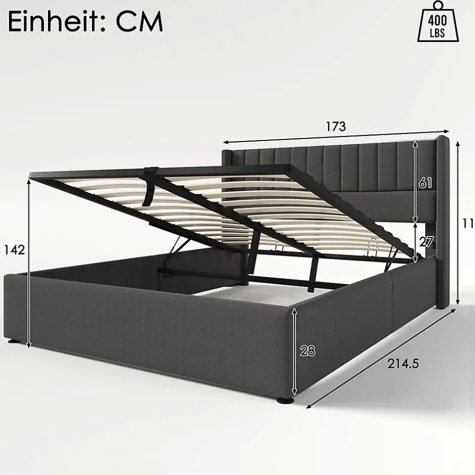 Gutent Lit rembourré hydraulique lit coffre lit 160x200 cm lit de rangement lit en métal lit cadre à lattes en bois lit double lin gris
