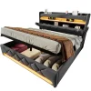 Gutent Lit rembourré hydraulique 140x200cm, lit double, espace de rangement tête de lit avec port usb et type c, lin, gris, sans matelas