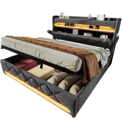 Gutent Lit rembourré hydraulique 140x200cm, lit double, espace de rangement tête de lit avec port usb et type c, lin, gris, sans matelas