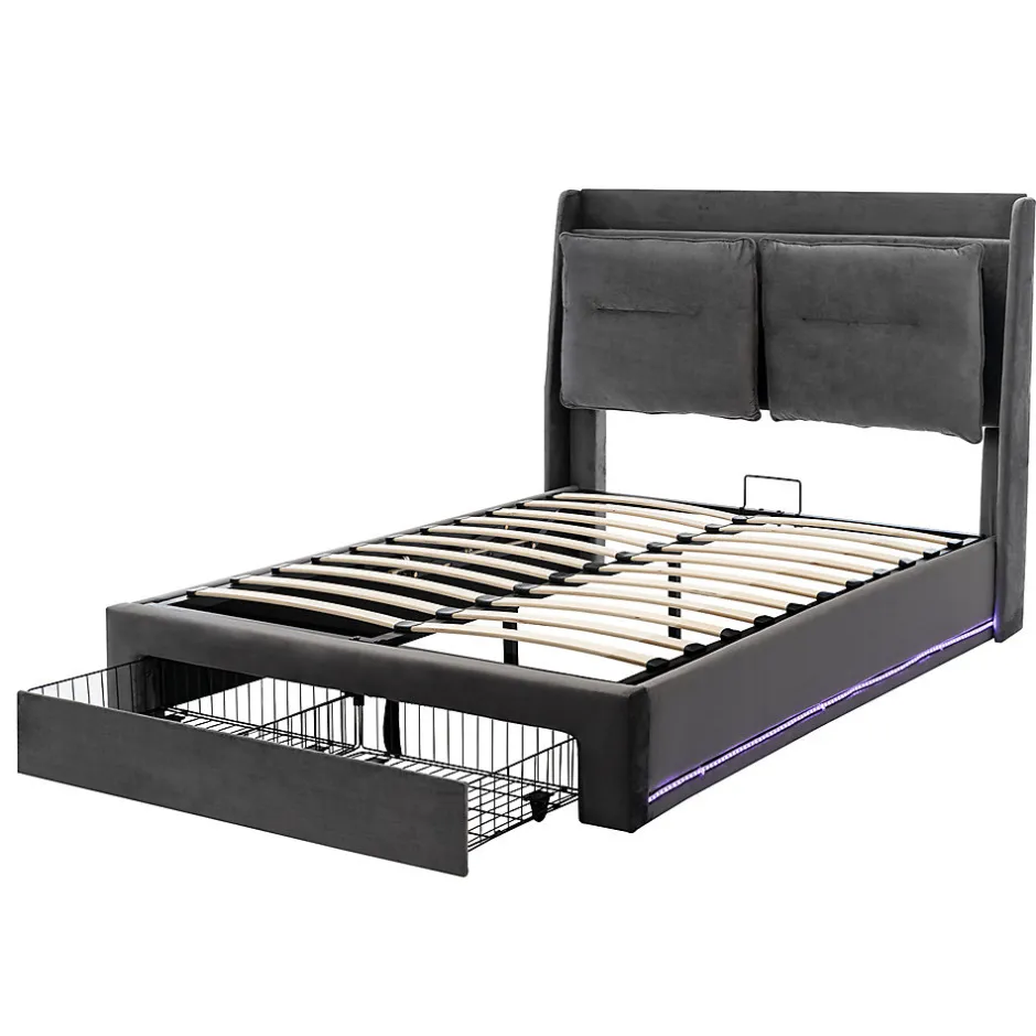 Gutent Lit rembourré hydraulique 160x200cm, tiroirs de rangement, avec sommier à lattes, sans matelas, velours, gris foncé