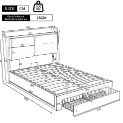 Gutent Lit rembourré hydraulique 160x200cm, tiroirs de rangement, avec sommier à lattes, sans matelas, velours, gris foncé