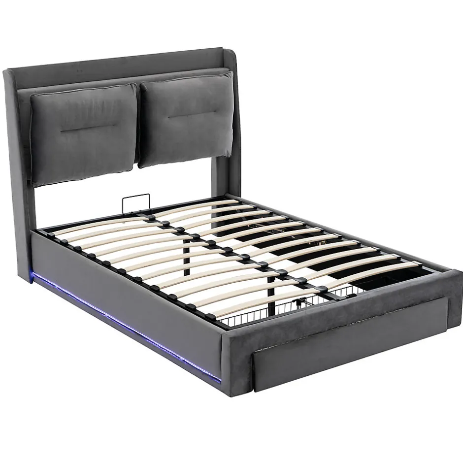 Gutent Lit rembourré hydraulique 160x200cm, tiroirs de rangement, avec sommier à lattes, sans matelas, velours, gris foncé