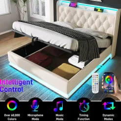 Gutent Lit rembourré hydraulique 140x200cm, lit de rangement, tête de lit avec fonction de chargement usb typ-c, pu, blanc, sans matelas