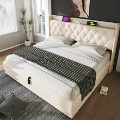 Gutent Lit rembourré hydraulique 140x200cm, lit de rangement, tête de lit avec fonction de chargement usb typ-c, pu, blanc, sans matelas