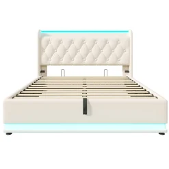 Gutent Lit rembourré hydraulique 140x200cm, lit de rangement, tête de lit avec fonction de chargement usb typ-c, pu, blanc, sans matelas