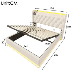 Gutent Lit rembourré hydraulique 140x200cm, lit de rangement, tête de lit avec fonction de chargement usb typ-c, pu, blanc, sans matelas
