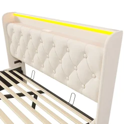 Gutent Lit rembourré hydraulique 140x200cm, lit de rangement, tête de lit avec fonction de chargement usb typ-c, pu, blanc, sans matelas