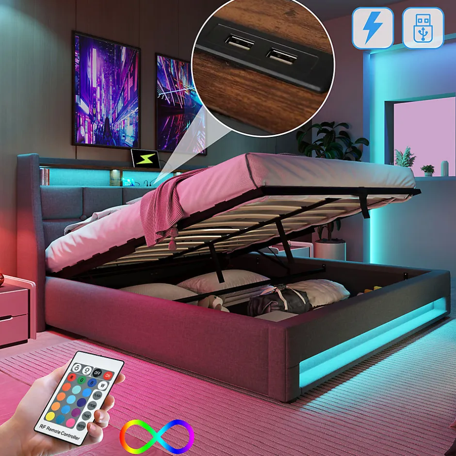 Gutent Lit rembourré hydraulique 140x200 cm lit de rangement lit usb lit en métal lit cadre à lattes en bois lit led double lin gris