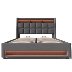 Gutent Lit rembourré hydraulique 140x200 cm lit de rangement lit usb lit en métal lit cadre à lattes en bois lit led double lin gris
