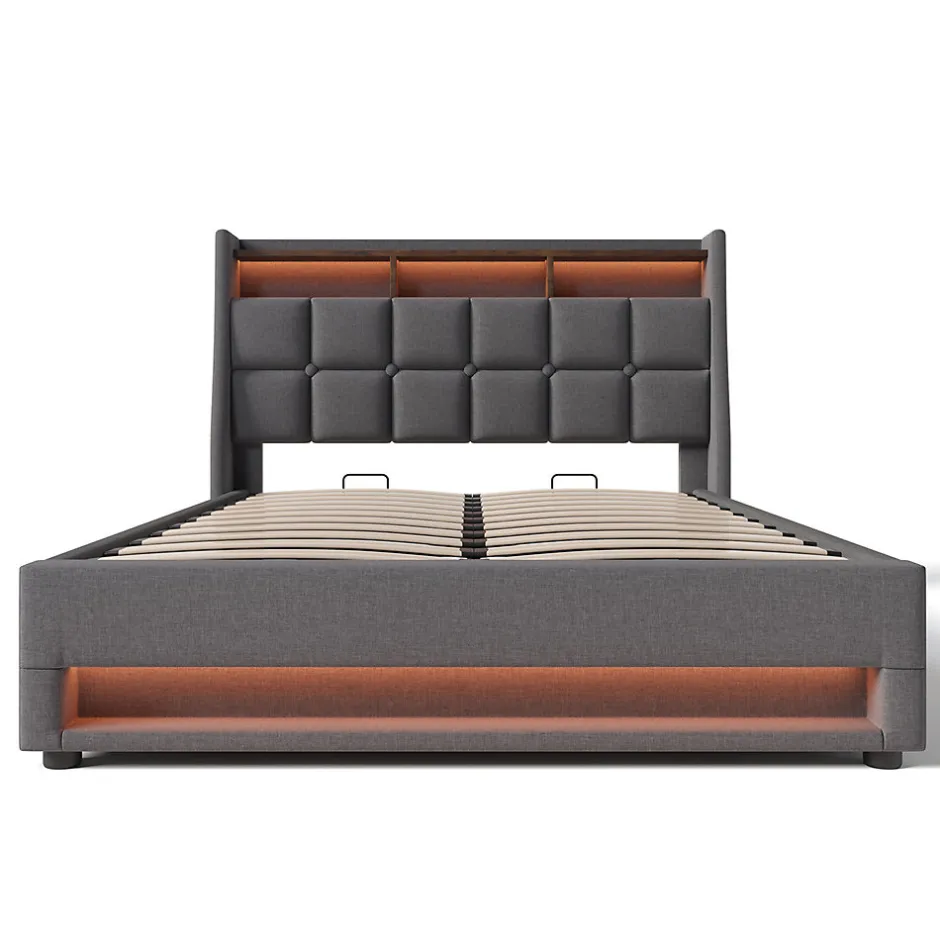 Gutent Lit rembourré hydraulique 140x200 cm lit de rangement lit usb lit en métal lit cadre à lattes en bois lit led double lin gris