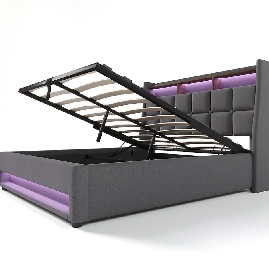 Gutent Lit rembourré hydraulique 140x200 cm lit de rangement lit usb lit en métal lit cadre à lattes en bois lit led double lin gris