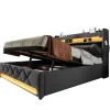 Gutent Lit rembourré hydraulique 160x200cm, lit double, tête de lit de rangement avec port usb et type c, lin, gris, avec matelas