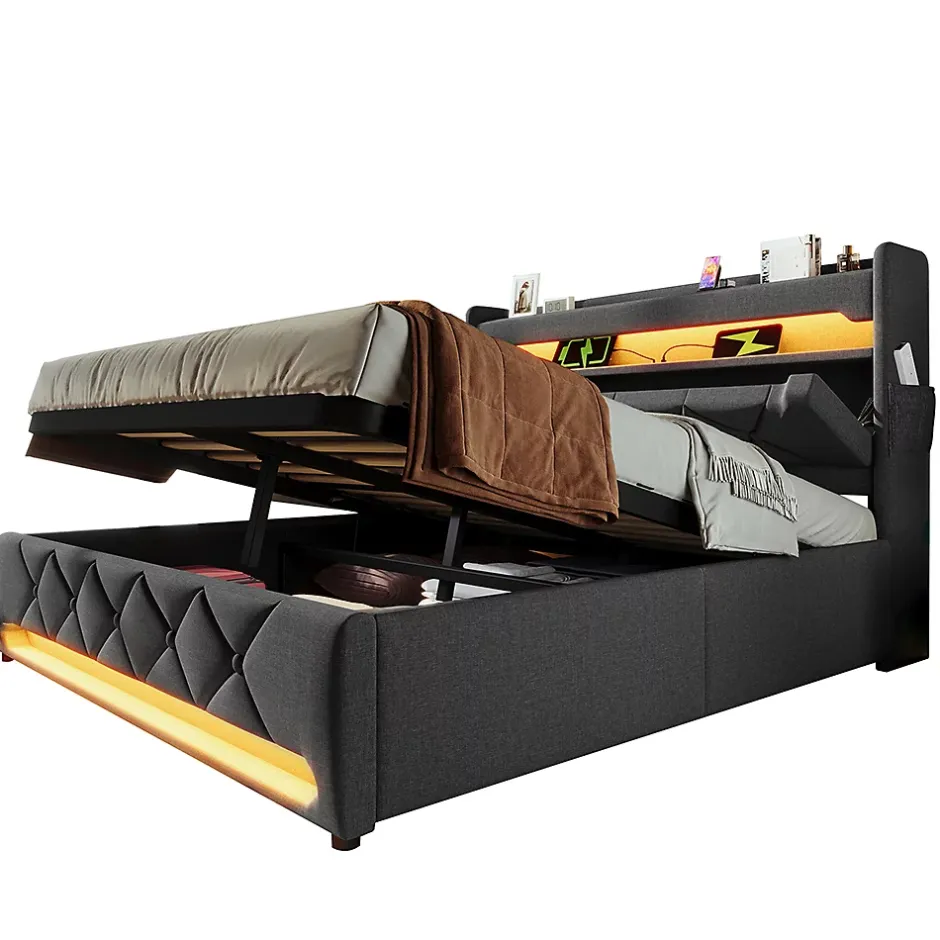 Gutent Lit rembourré hydraulique 160x200cm, lit double, tête de lit de rangement avec port usb et type c, lin, gris, avec matelas