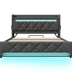 Gutent Lit rembourré hydraulique 160x200cm, lit double, tête de lit de rangement avec port usb et type c, lin, gris, avec matelas