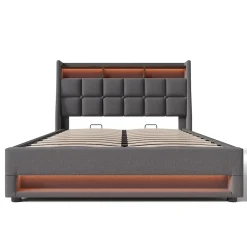 Gutent lit rembourré hydraulique 160x200 cm, lit de rangement LED avec port USB, sommier à lattes et cadre métallique, lin, gris Clearance
