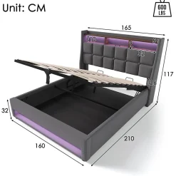 Gutent lit rembourré hydraulique 160x200 cm, lit de rangement LED avec port USB, sommier à lattes et cadre métallique, lin, gris Clearance