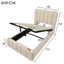 Gutent Lit rembourré hydraulique 90x200cm, lit avec rangement, tête de lit avec fonction de recharge USB Type-C, lin, beige, sans matelas Hot
