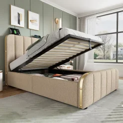 Gutent Lit rembourré hydraulique 90x200cm, lit avec rangement, tête de lit avec fonction de recharge USB Type-C, lin, beige, sans matelas Hot