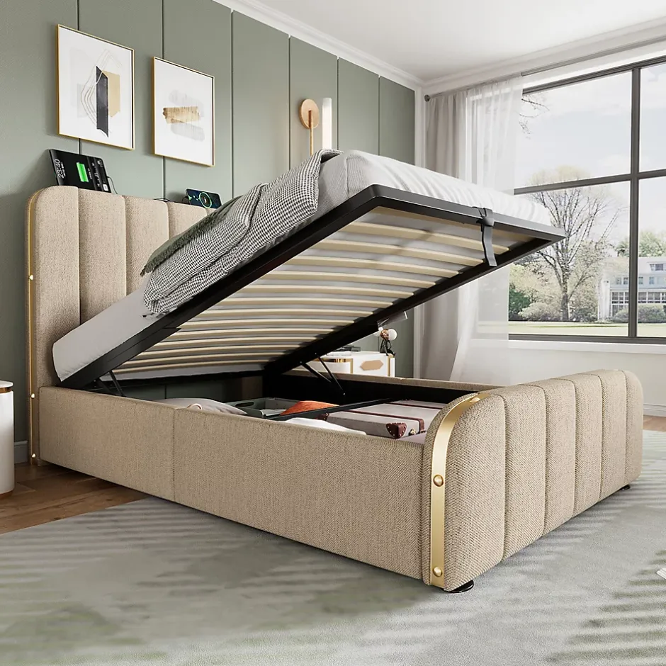 Gutent Lit rembourré hydraulique 90x200cm, lit avec rangement, tête de lit avec fonction de recharge USB Type-C, lin, beige, sans matelas Hot