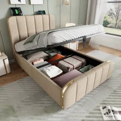 Gutent Lit rembourré hydraulique 90x200cm, lit avec rangement, tête de lit avec fonction de recharge USB Type-C, lin, beige, sans matelas Hot