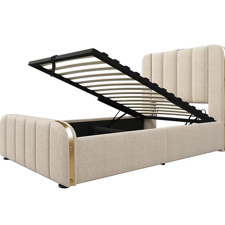 Gutent Lit rembourré hydraulique 90x200cm, lit avec rangement, tête de lit avec fonction de recharge USB Type-C, lin, beige, sans matelas Hot