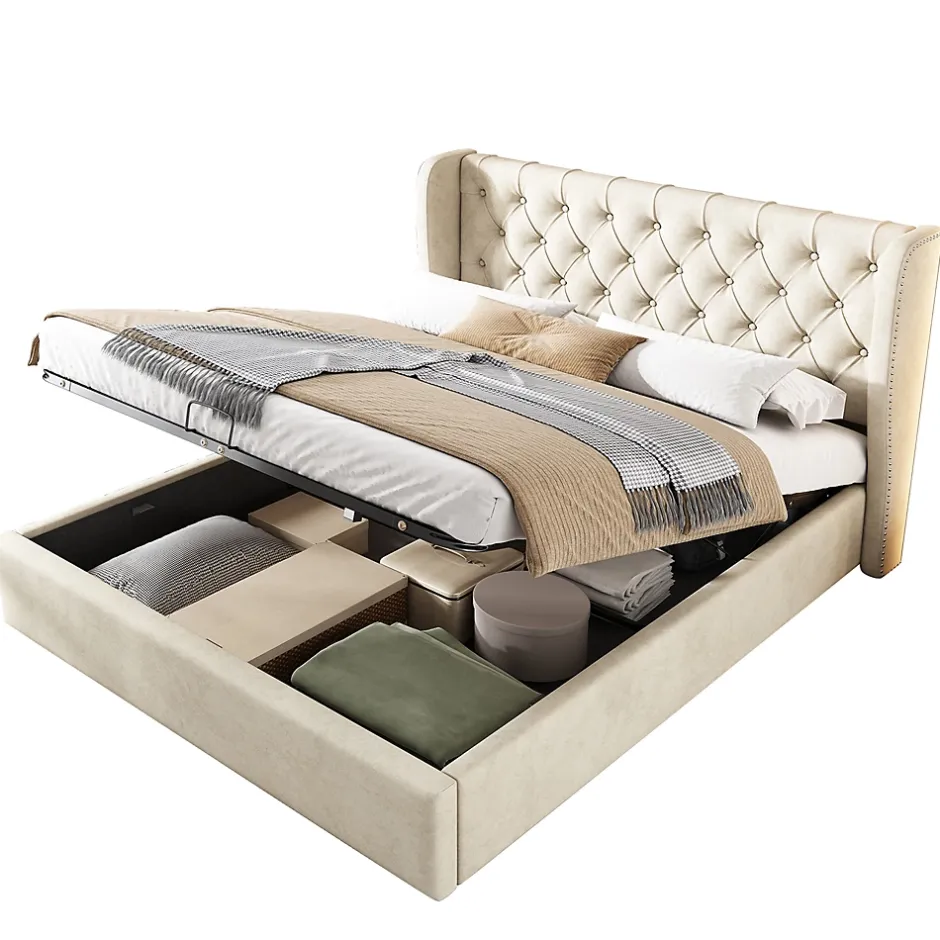 Gutent Lit rembourré hydraulique 160x200cm, forme d'oreille, lit de rangement lit double avec sommier à lattes, tissu velours, beige Outlet