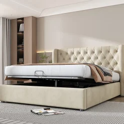 Gutent Lit rembourré hydraulique 160x200cm, forme d'oreille, lit de rangement lit double avec sommier à lattes, tissu velours, beige Outlet