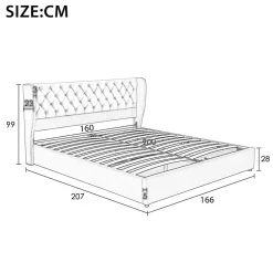 Gutent Lit rembourré hydraulique 160x200cm, forme d'oreille, lit de rangement lit double avec sommier à lattes, tissu velours, beige Outlet