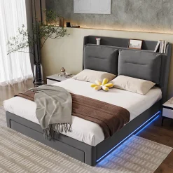 Gutent Lit rembourré hydraulique 180x200cm, tiroirs de rangement, avec sommier à lattes, sans matelas, velours, gris foncé