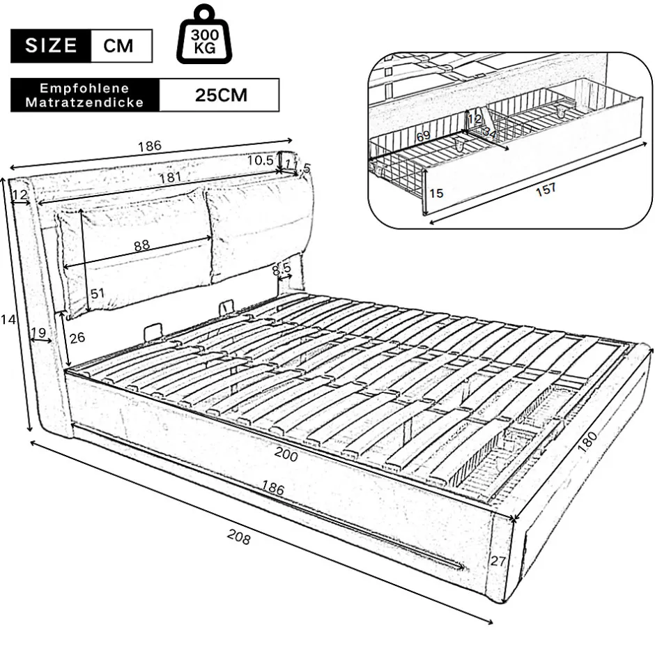 Gutent Lit rembourré hydraulique 180x200cm, tiroirs de rangement, avec sommier à lattes, sans matelas, velours, gris foncé