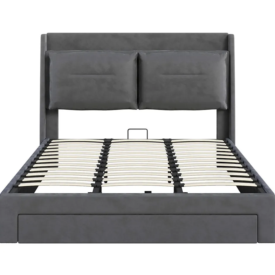 Gutent Lit rembourré hydraulique 180x200cm, tiroirs de rangement, avec sommier à lattes, sans matelas, velours, gris foncé