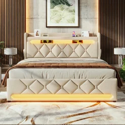 Gutent Lit rembourré hydraulique 160x200cm, lit double, tête de lit de rangement avec port usb et type c, lin,beige,avec matelas