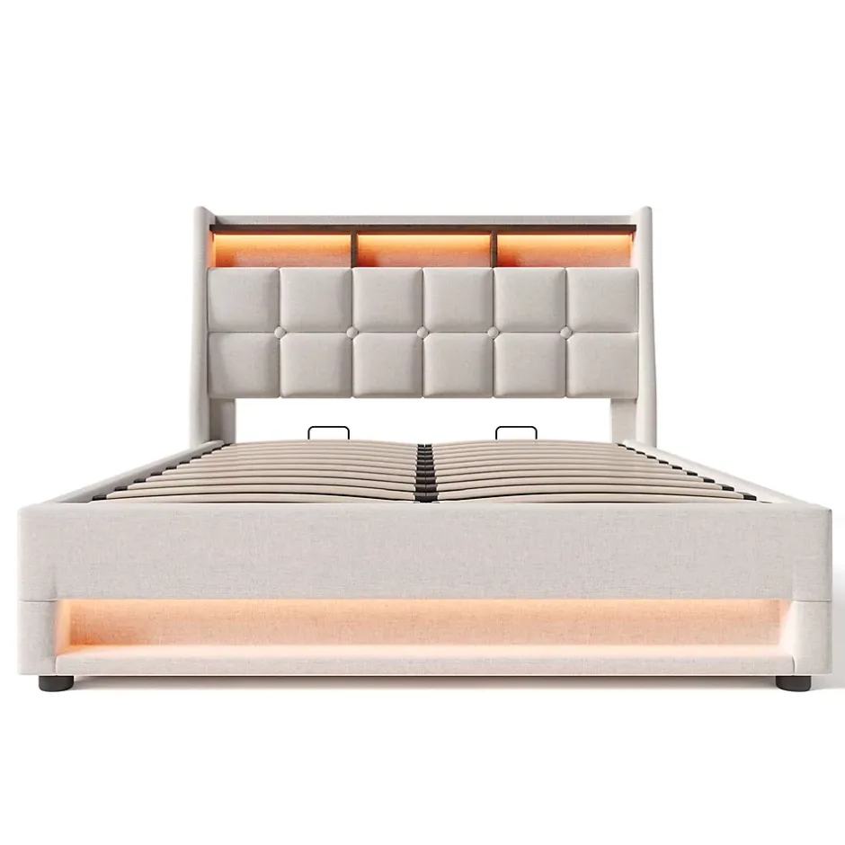 Gutent Lit rembourré hydraulique 160x200 cm lit de rangement lit usb lit en métal lit cadre à lattes en bois lit led double lin beige Best