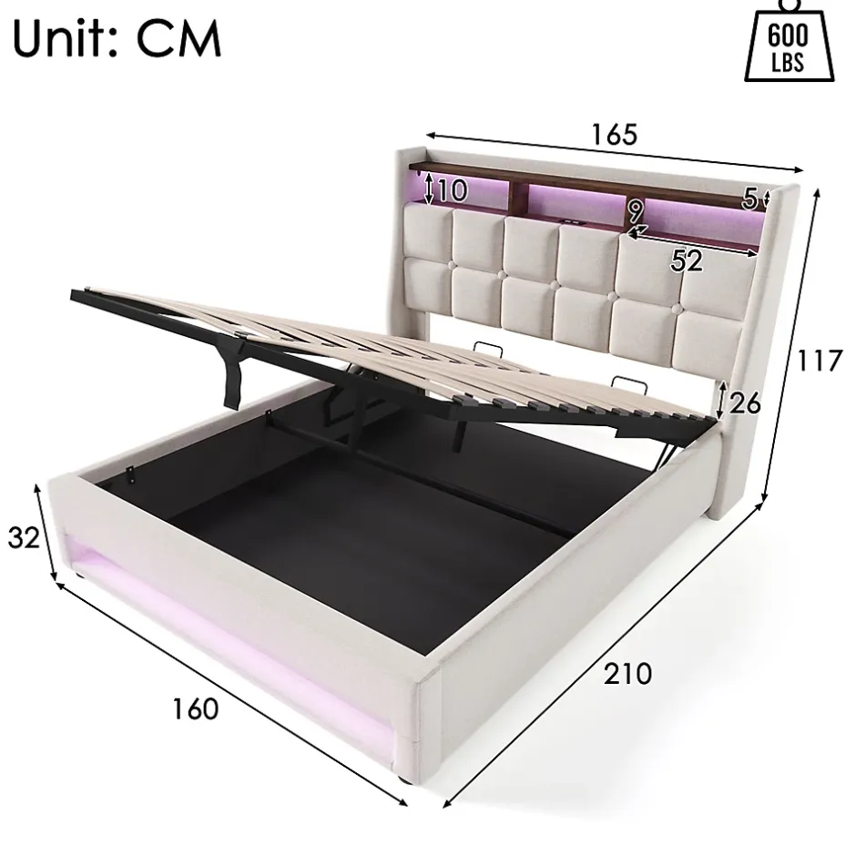 Gutent Lit rembourré hydraulique 160x200 cm lit de rangement lit usb lit en métal lit cadre à lattes en bois lit led double lin beige Best