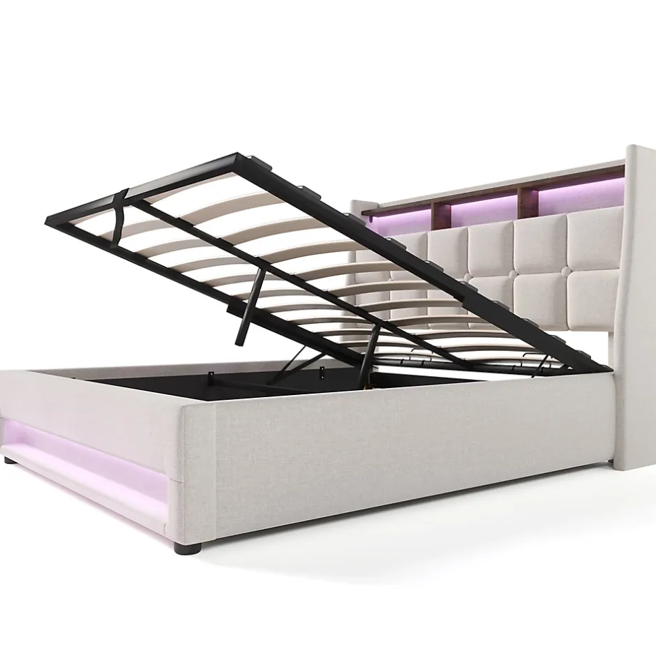 Gutent Lit rembourré hydraulique 160x200 cm lit de rangement lit usb lit en métal lit cadre à lattes en bois lit led double lin beige Best