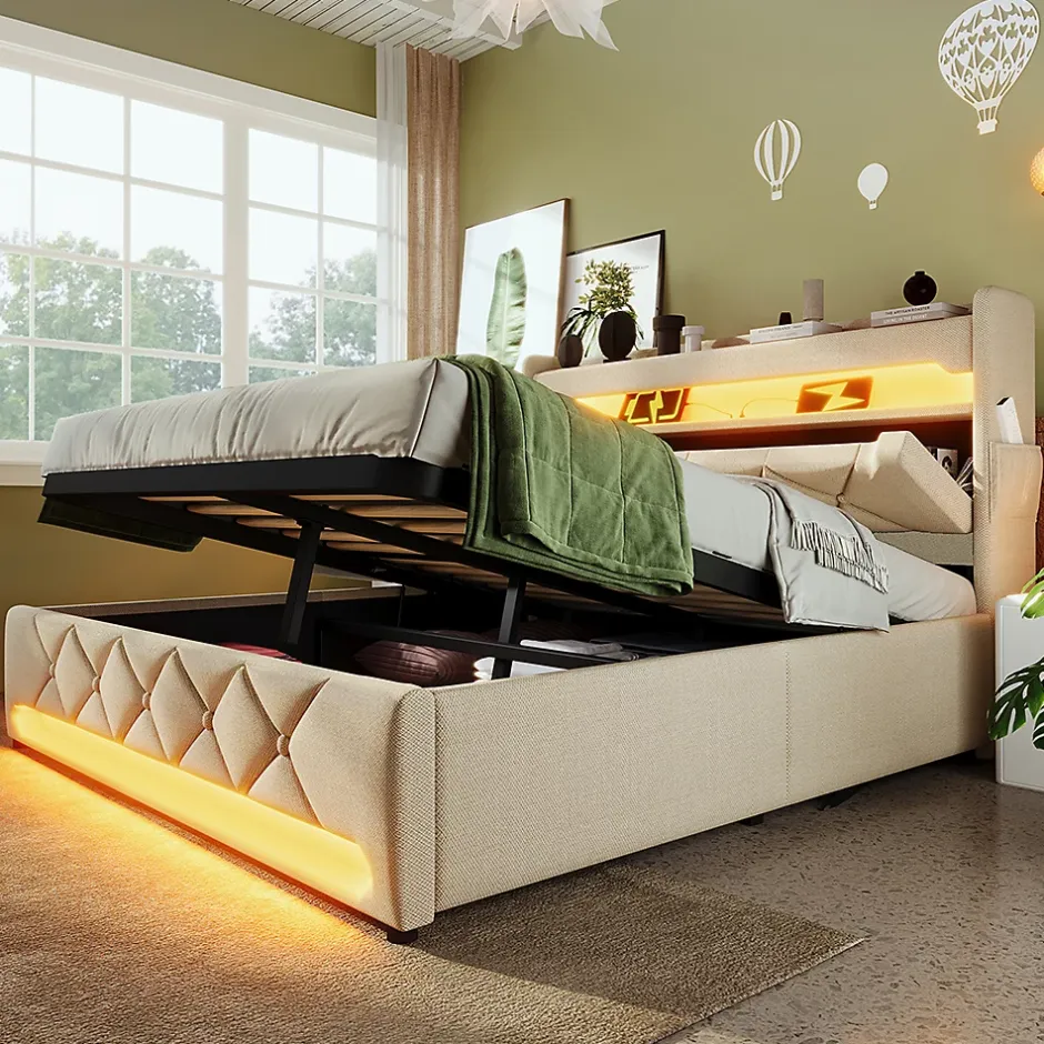 Gutent Lit rembourré hydraulique 140x200cm, lit double, espace de rangement en tête de lit avec port usb et type c, lin, beige Clearance