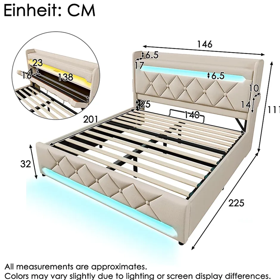 Gutent Lit rembourré hydraulique 140x200cm, lit double, espace de rangement en tête de lit avec port usb et type c, lin, beige Clearance