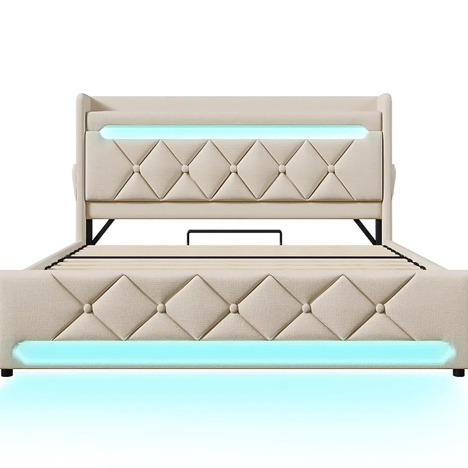 Gutent Lit rembourré hydraulique 140x200cm, lit double, espace de rangement en tête de lit avec port usb et type c, lin, beige Clearance