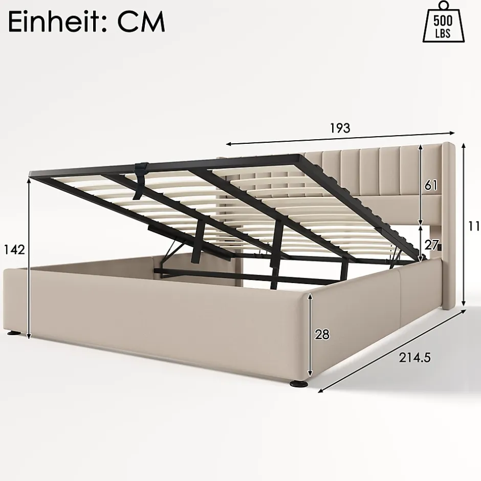 Gutent Lit rembourré hydraulique lit coffre lit 180x200 cm lit de rangement lit en métal lit cadre à lattes en bois lit double lin beige