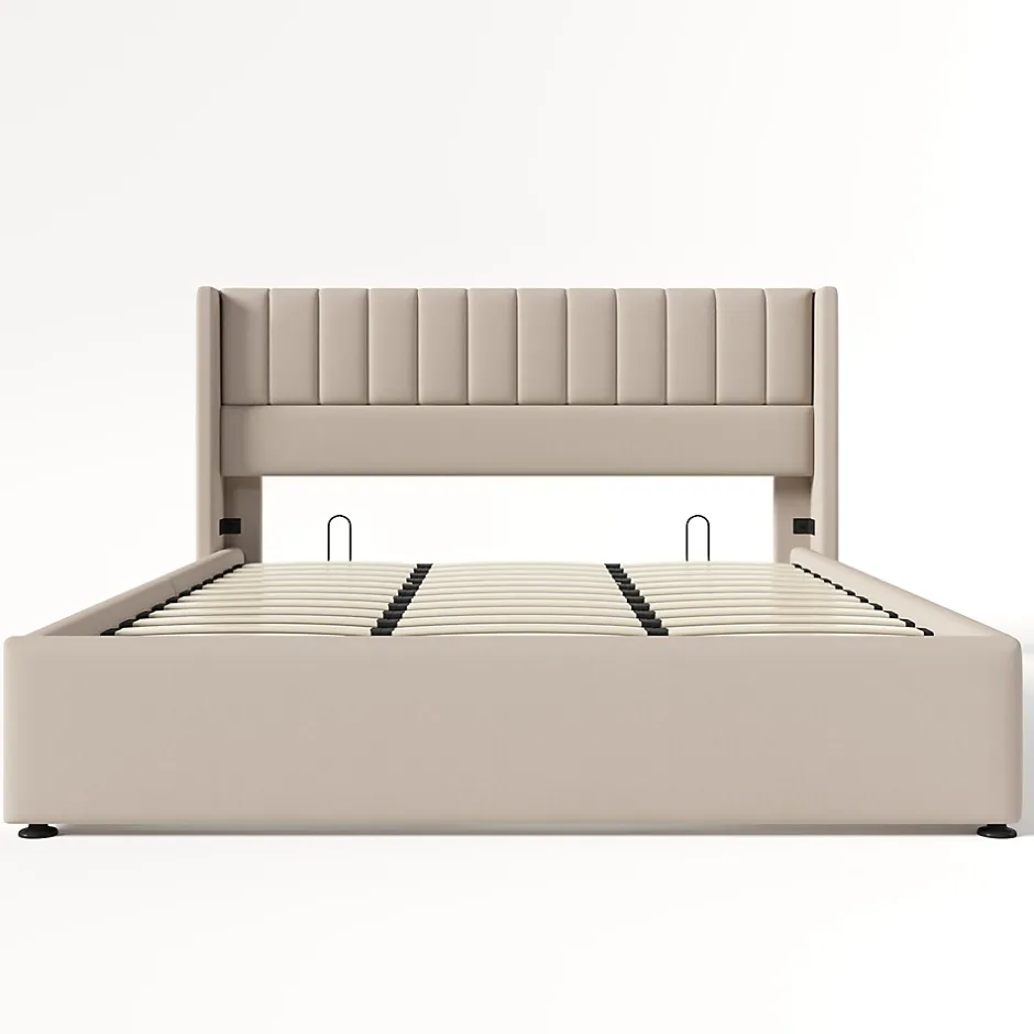 Gutent Lit rembourré hydraulique lit coffre lit 180x200 cm lit de rangement lit en métal lit cadre à lattes en bois lit double lin beige