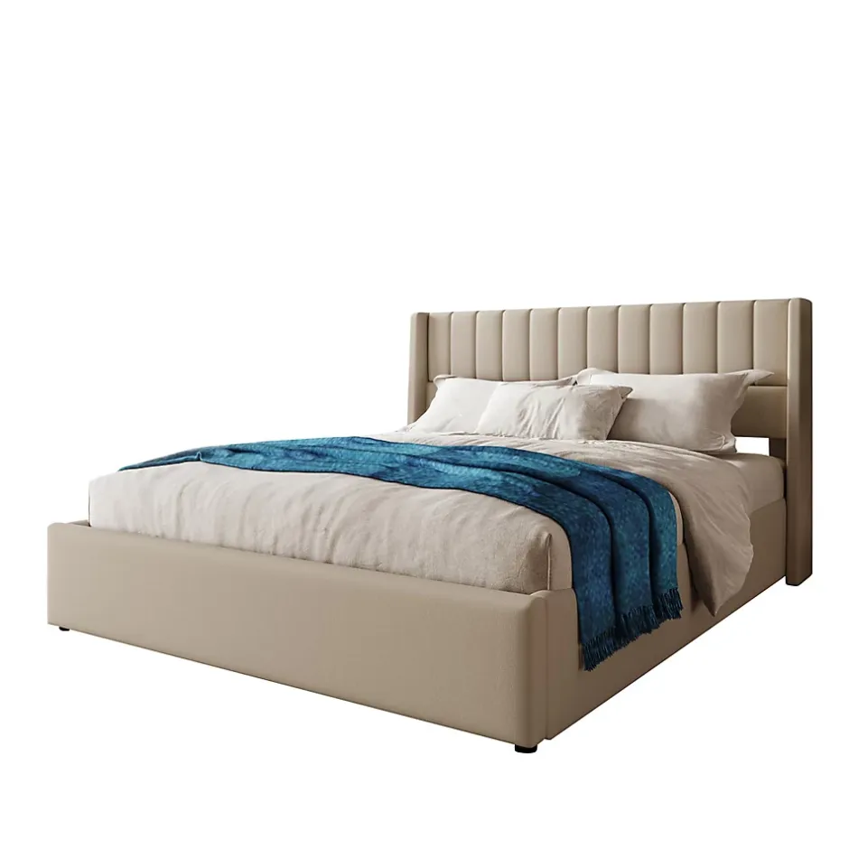 Gutent Lit rembourré hydraulique lit coffre lit 180x200 cm lit de rangement lit en métal lit cadre à lattes en bois lit double lin beige