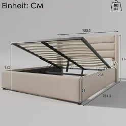 Gutent Lit rembourré hydraulique, 140x200cm, lit avec rangement, avec sommier à lattes en bois, structure métallique, lin, beige