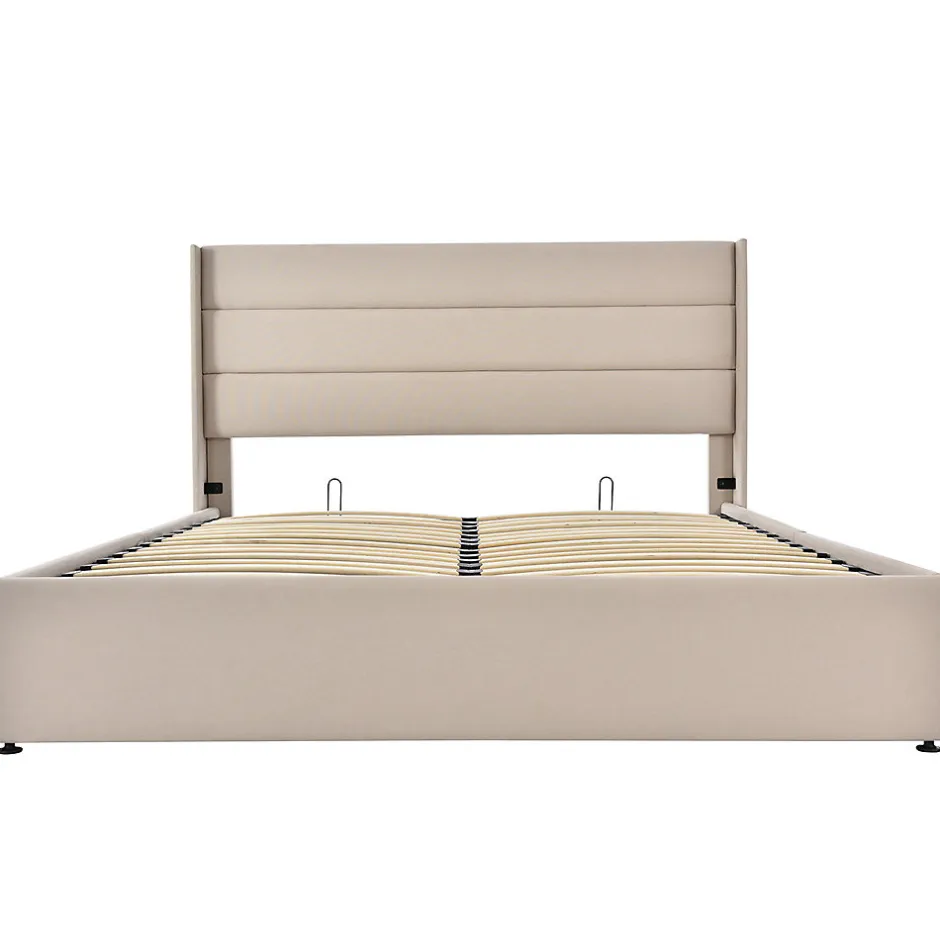 Gutent Lit rembourré hydraulique, 140x200cm, lit avec rangement, avec sommier à lattes en bois, structure métallique, lin, beige