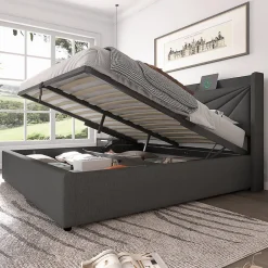 Gutent Lit rembourré lit coffre lit 180x200 cm lit de rangement lit tête de lit à fonction de charge usb type c lit double coton lin gris