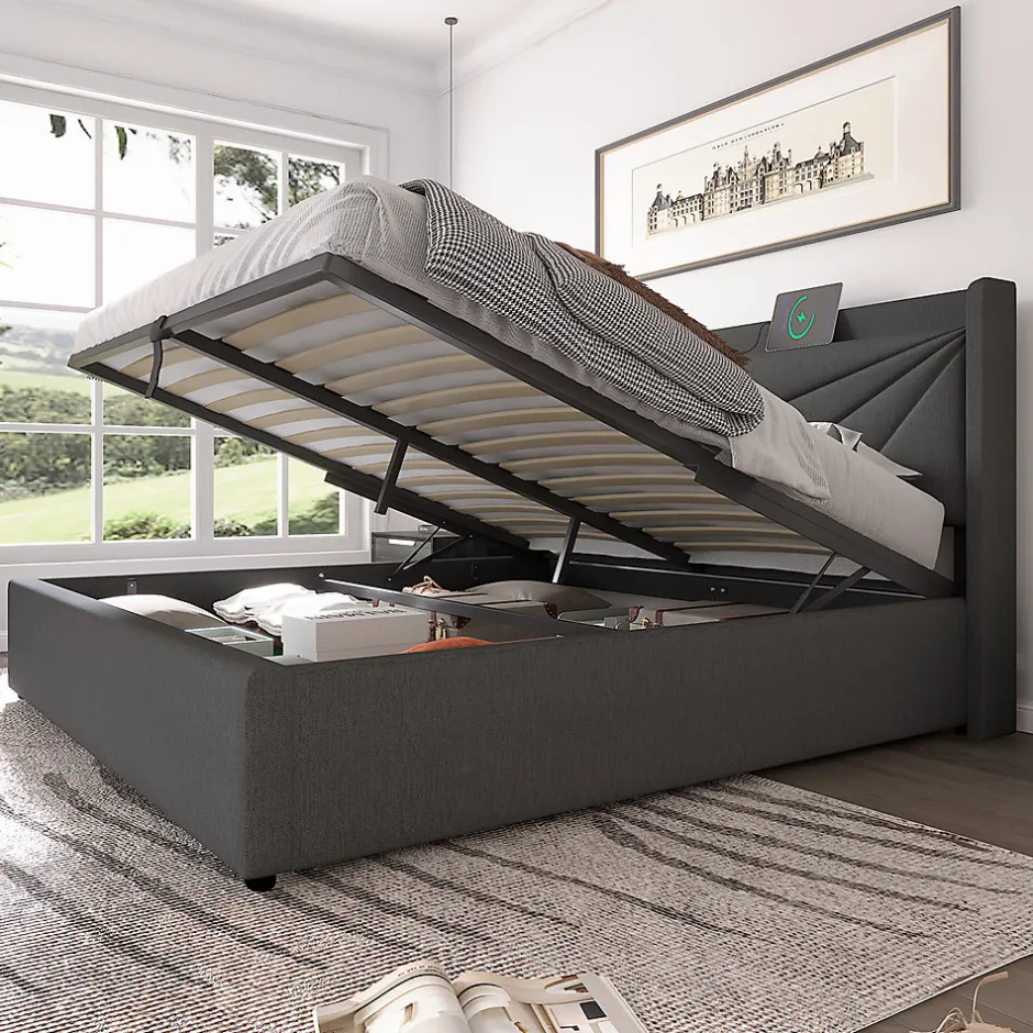 Gutent Lit rembourré lit coffre lit 180x200 cm lit de rangement lit tête de lit à fonction de charge usb type c lit double coton lin gris