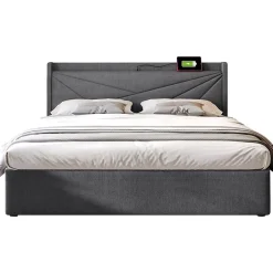 Gutent Lit rembourré lit coffre lit 180x200 cm lit de rangement lit tête de lit à fonction de charge usb type c lit double coton lin gris