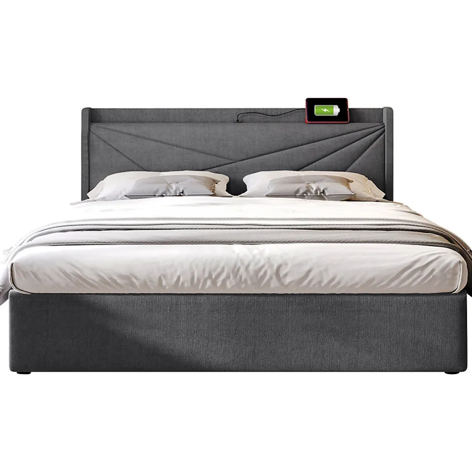 Gutent Lit rembourré lit coffre lit 180x200 cm lit de rangement lit tête de lit à fonction de charge usb type c lit double coton lin gris