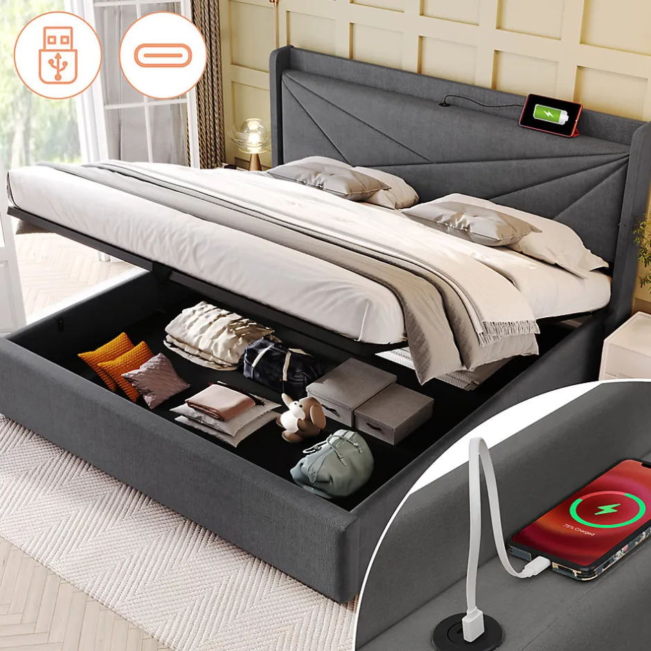 Gutent Lit rembourré lit coffre lit 180x200 cm lit de rangement lit tête de lit à fonction de charge usb type c lit double coton lin gris
