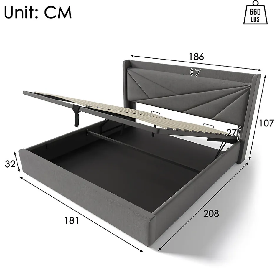 Gutent Lit rembourré lit coffre lit 180x200 cm lit de rangement lit tête de lit à fonction de charge usb type c lit double coton lin gris